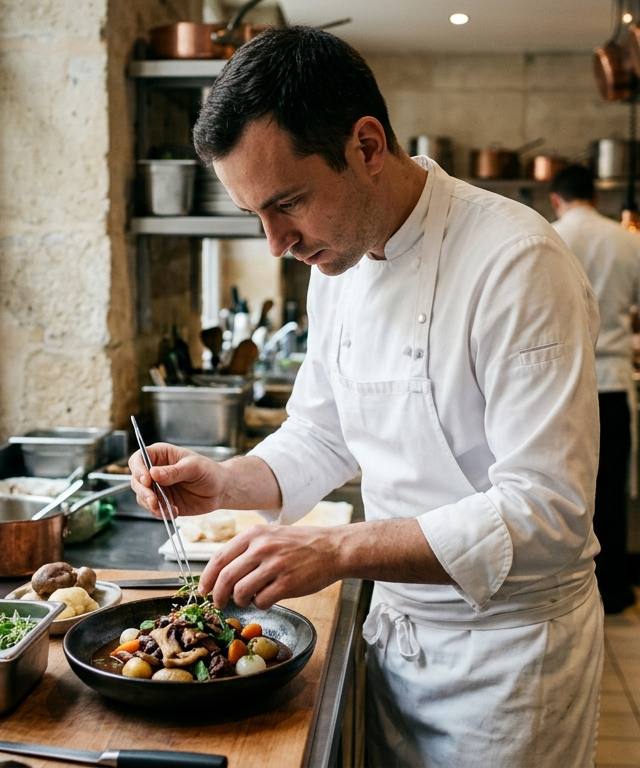Un chef cuisinier dressant une version végétale d'un plat de cuisine française traditionnelle végane dans un restaurant étoilé.