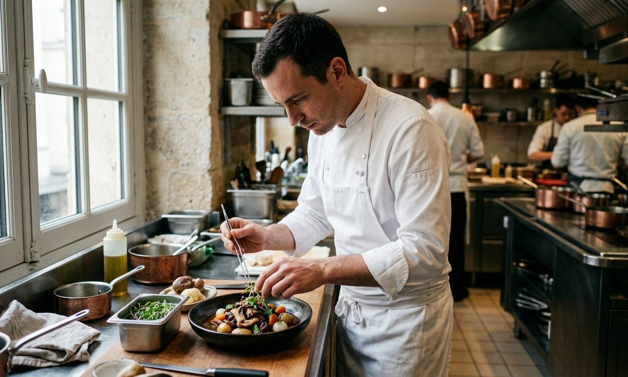 Un chef cuisinier dressant une version végétale d'un plat de cuisine française traditionnelle végane dans un restaurant étoilé.