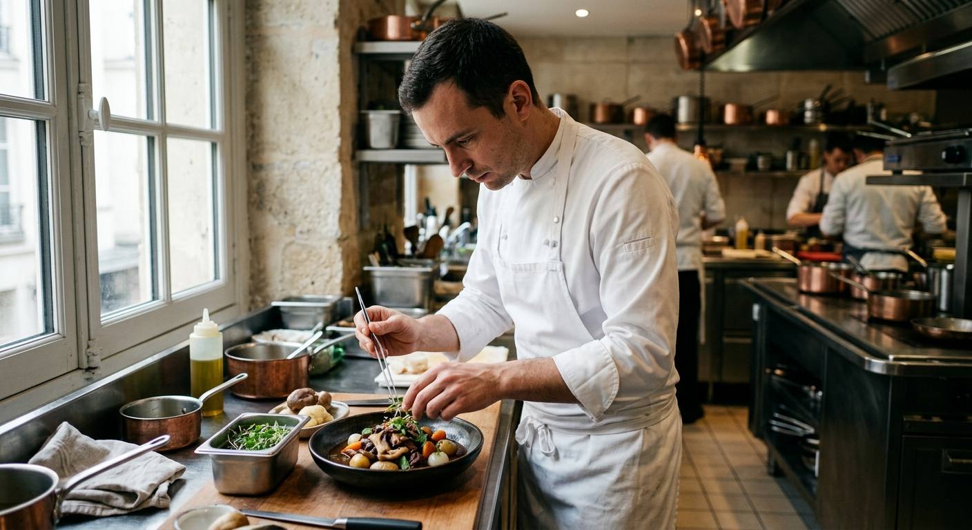 Un chef cuisinier dressant une version végétale d'un plat de cuisine française traditionnelle végane dans un restaurant étoilé.