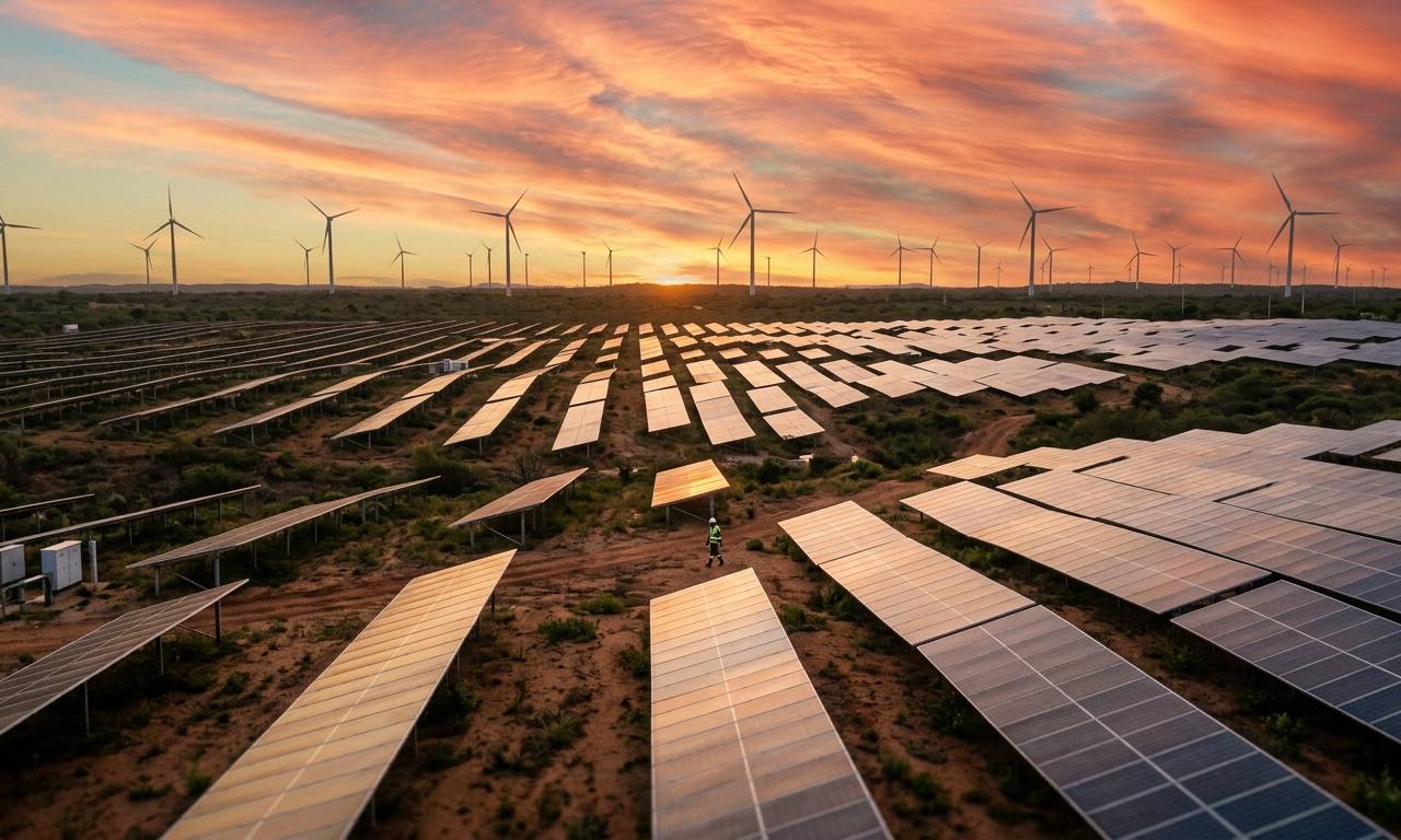 Paisagem brasileira com painéis solares e turbinas eólicas integradas sob um pôr do sol dourado, ilustrando energia renovável no Brasil.