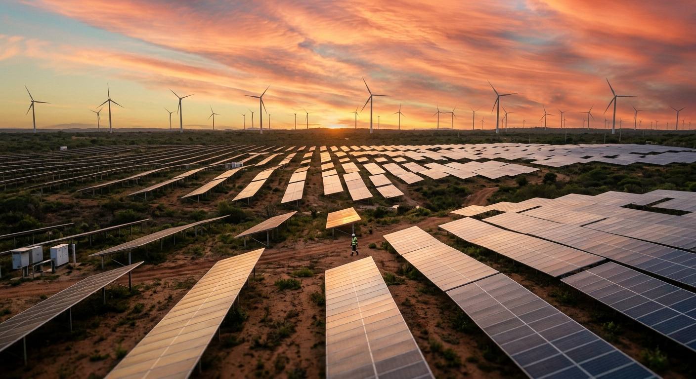 Paisagem brasileira com painéis solares e turbinas eólicas integradas sob um pôr do sol dourado, ilustrando energia renovável no Brasil.