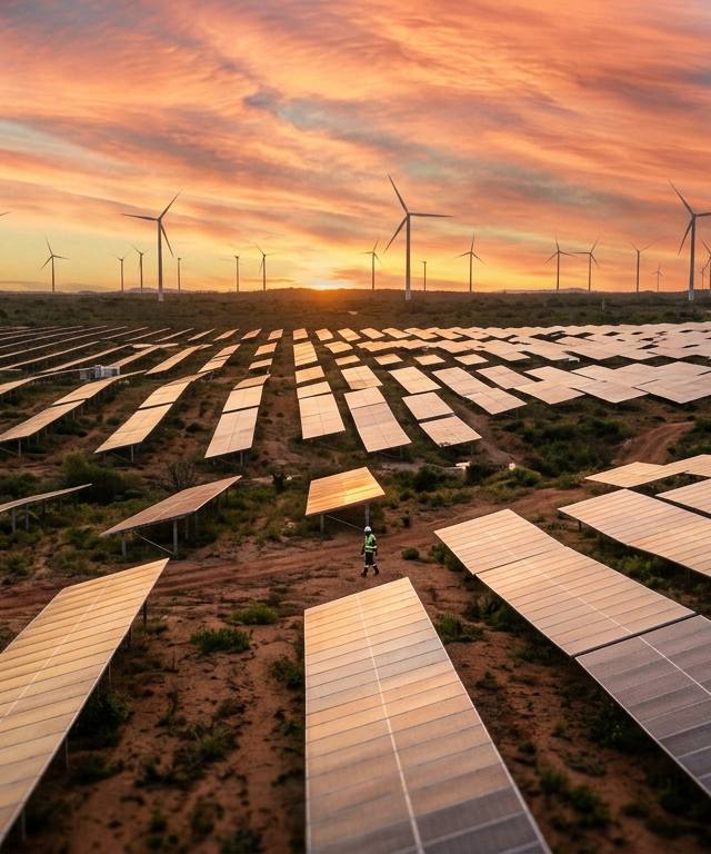 Paisagem brasileira com painéis solares e turbinas eólicas integradas sob um pôr do sol dourado, ilustrando energia renovável no Brasil.