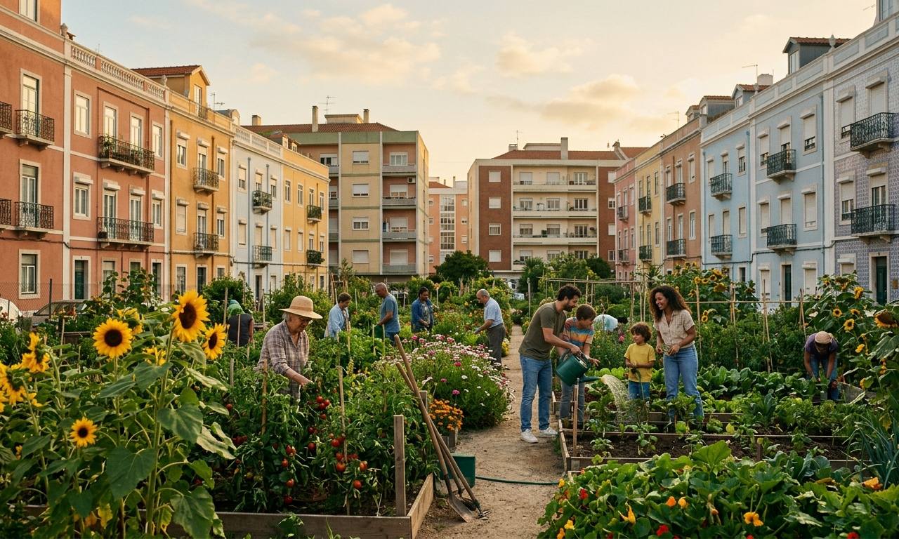 Uma horta urbana comunitária exuberante em Lisboa com vegetais verdes e girassóis sob a luz do pôr-do-sol.