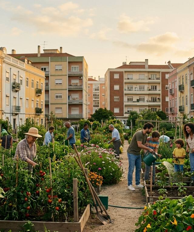 Uma horta urbana comunitária exuberante em Lisboa com vegetais verdes e girassóis sob a luz do pôr-do-sol.