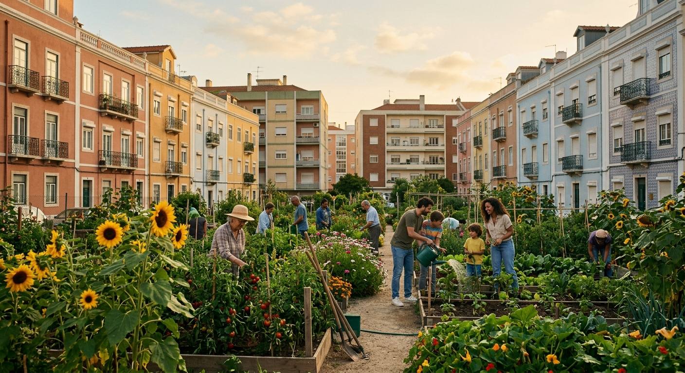 Uma horta urbana comunitária exuberante em Lisboa com vegetais verdes e girassóis sob a luz do pôr-do-sol.