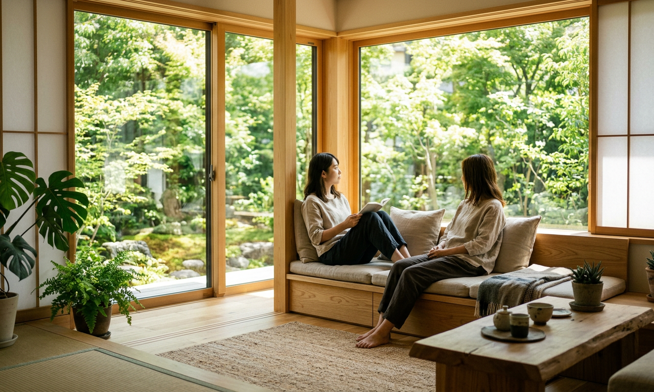 明るい日差しが差し込むモダンな日本の住宅。高性能な窓と断熱により、家庭の二酸化炭素排出量を減らすエシカルで快適な暮らしの様子。