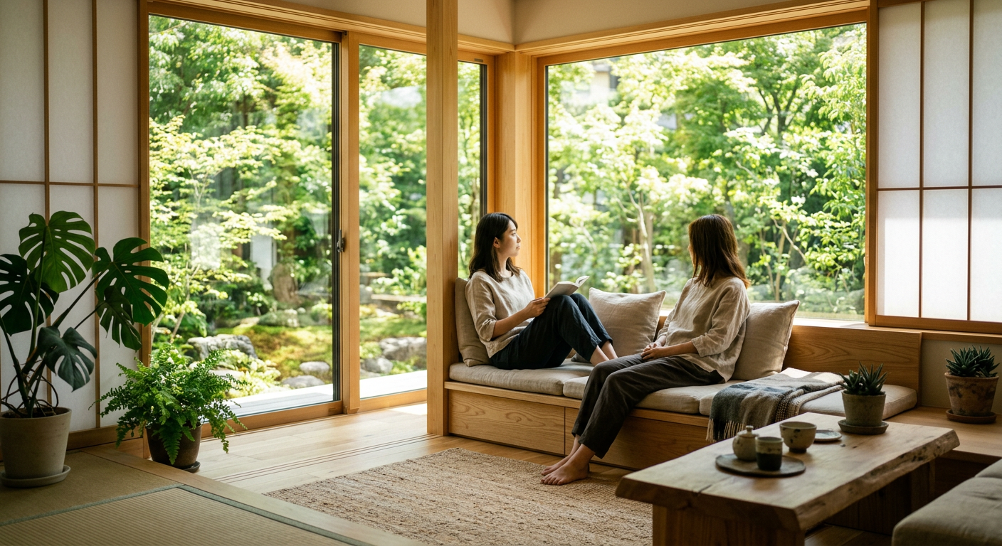 明るい日差しが差し込むモダンな日本の住宅。高性能な窓と断熱により、家庭の二酸化炭素排出量を減らすエシカルで快適な暮らしの様子。