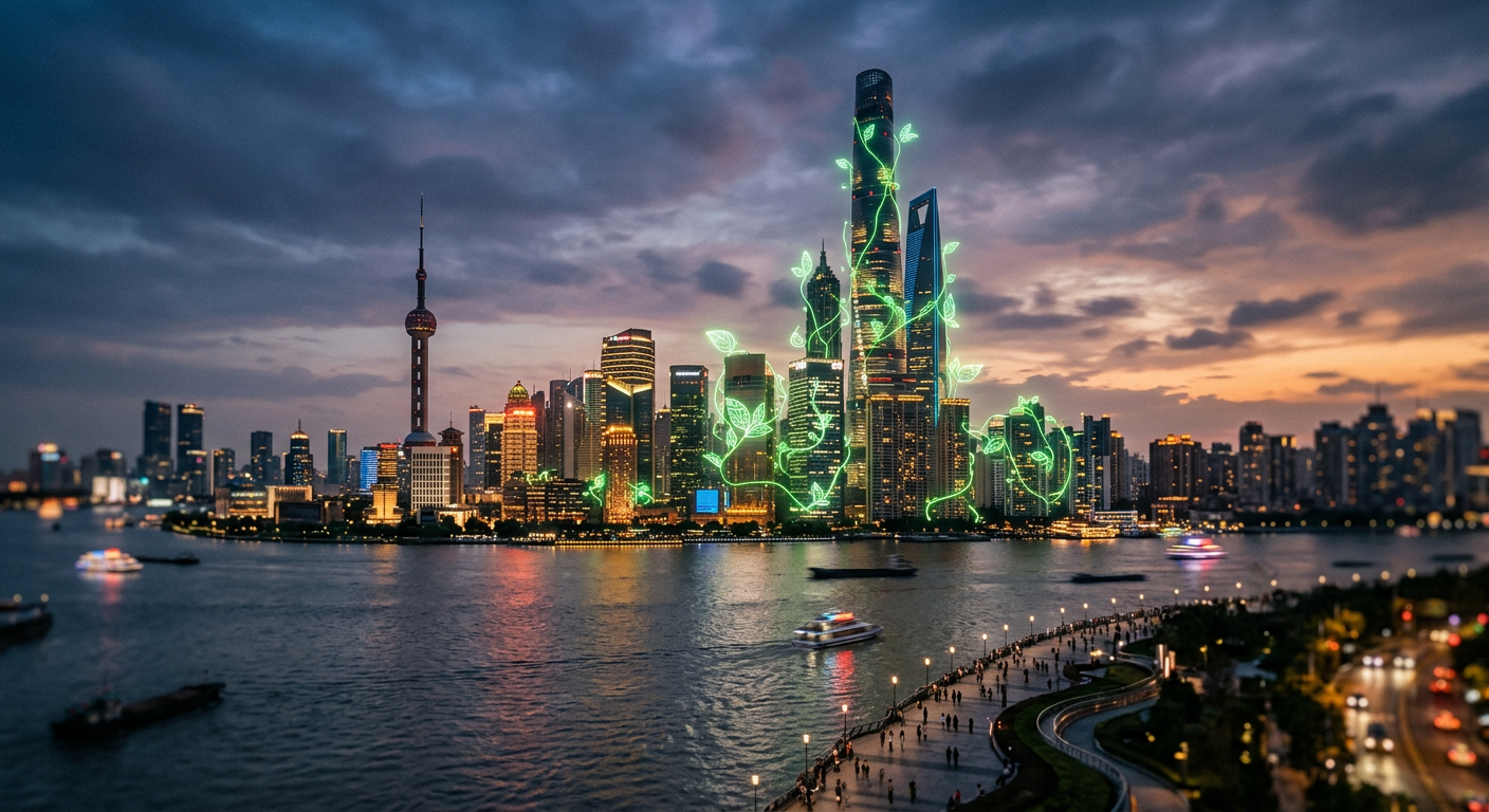 上海外滩摩天大楼与全息绿色植物融合的景象，象征中国绿色金融与ESG投资的蓬勃发展