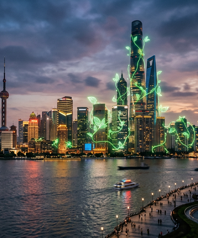 上海外滩摩天大楼与全息绿色植物融合的景象，象征中国绿色金融与ESG投资的蓬勃发展