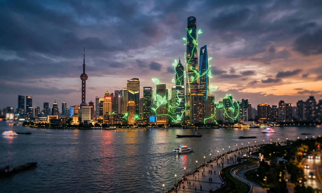 上海外滩摩天大楼与全息绿色植物融合的景象,象征中国绿色金融与ESG投资的蓬勃发展