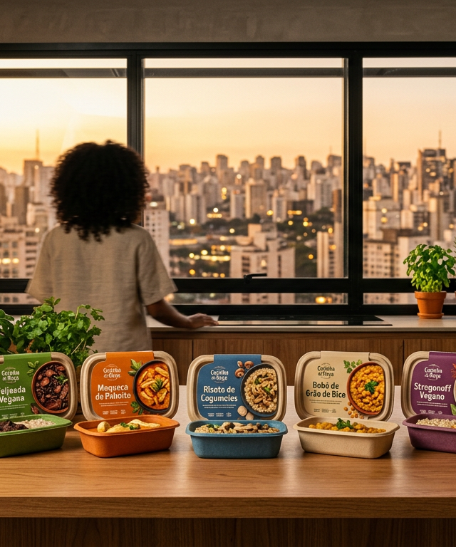 Cozinha moderna com kits de refeição veganos em embalagens sustentáveis sob a luz do pôr do sol.