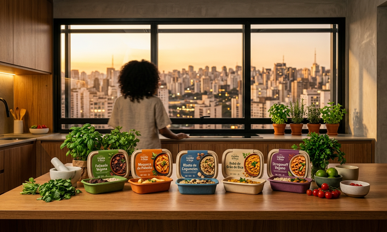 Cozinha moderna com kits de refeição veganos em embalagens sustentáveis sob a luz do pôr do sol.