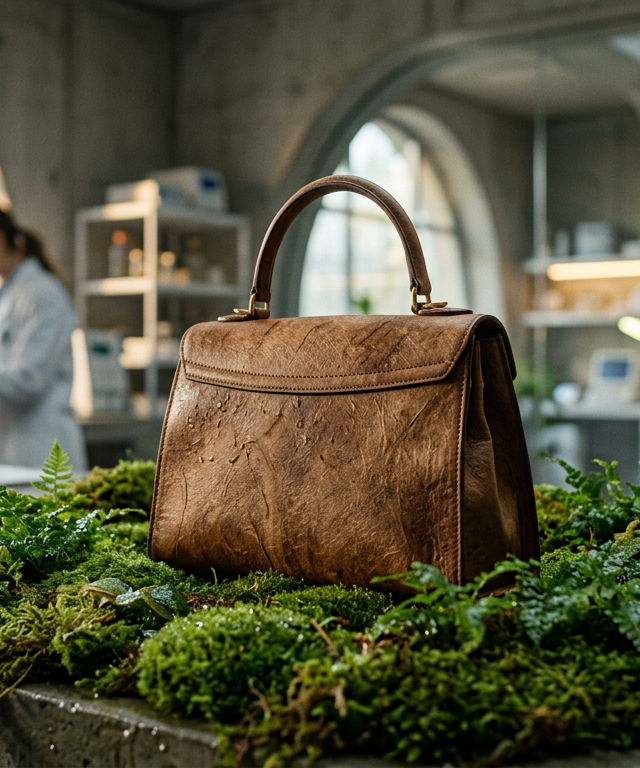 Bolso de lujo fabricado con alternativas al cuero de micelio de hongo en un entorno natural sostenible.