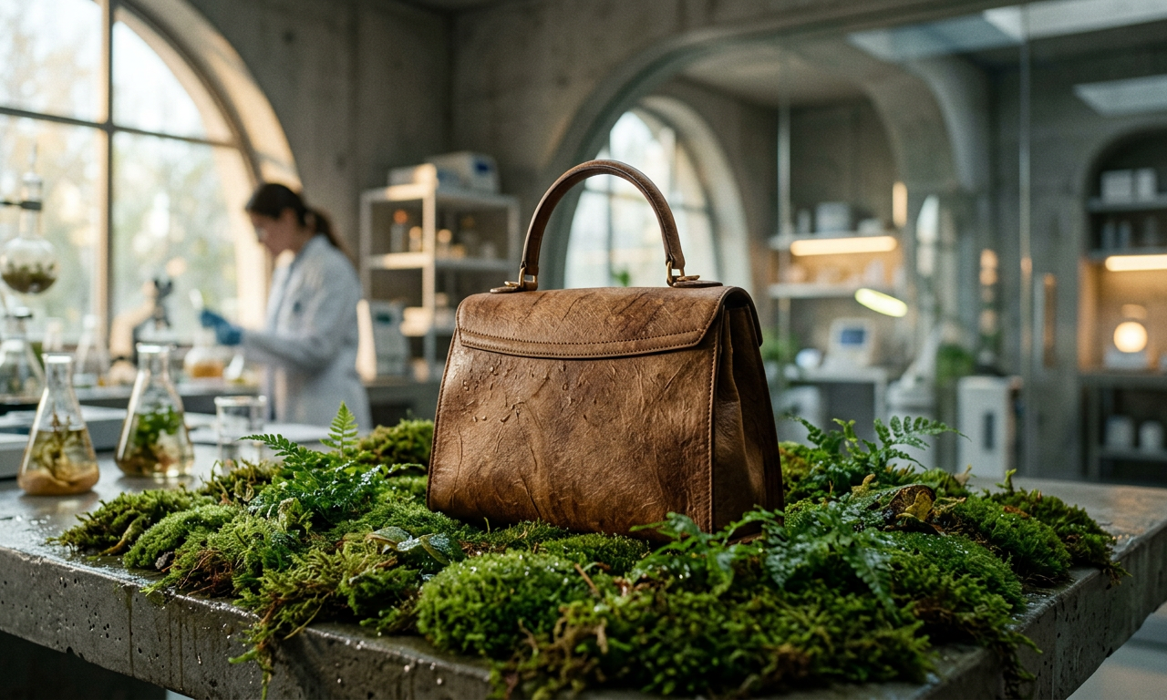 Bolso de lujo fabricado con alternativas al cuero de micelio de hongo en un entorno natural sostenible.