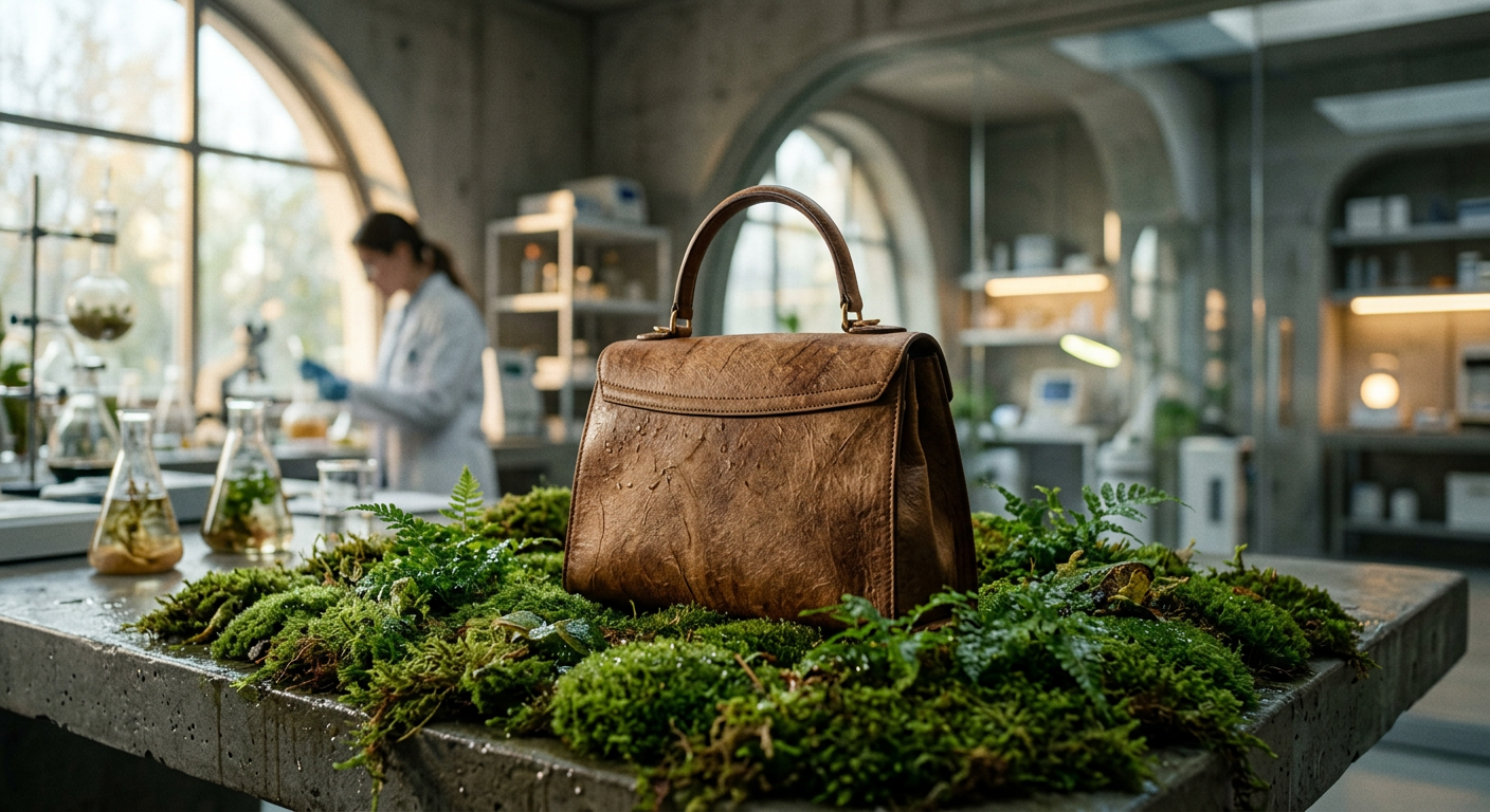 Bolso de lujo fabricado con alternativas al cuero de micelio de hongo en un entorno natural sostenible.
