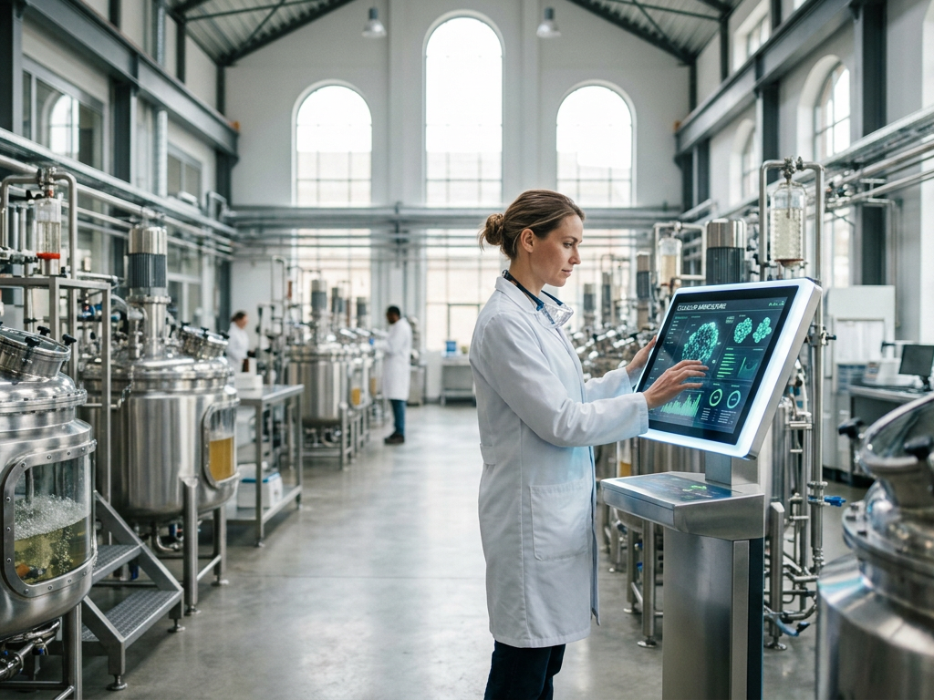 Primer plano de fibras de carne formándose dentro de un biorreactor de vidrio de alta tecnología.