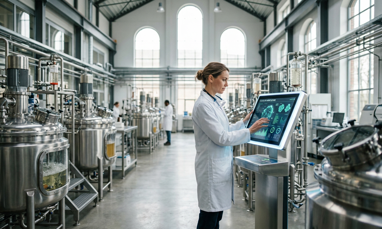 Futuristic clean meat production facility in the Netherlands featuring gleaming bioreactors and high-tech monitoring systems for ethical pork.