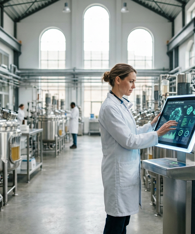 Futuristic clean meat production facility in the Netherlands featuring gleaming bioreactors and high-tech monitoring systems for ethical pork.