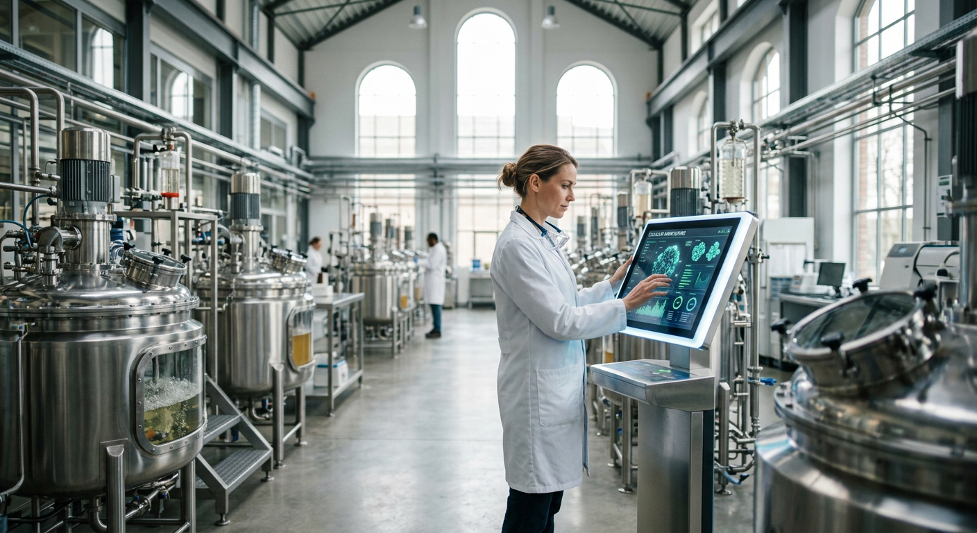 Futuristic clean meat production facility in the Netherlands featuring gleaming bioreactors and high-tech monitoring systems for ethical pork.