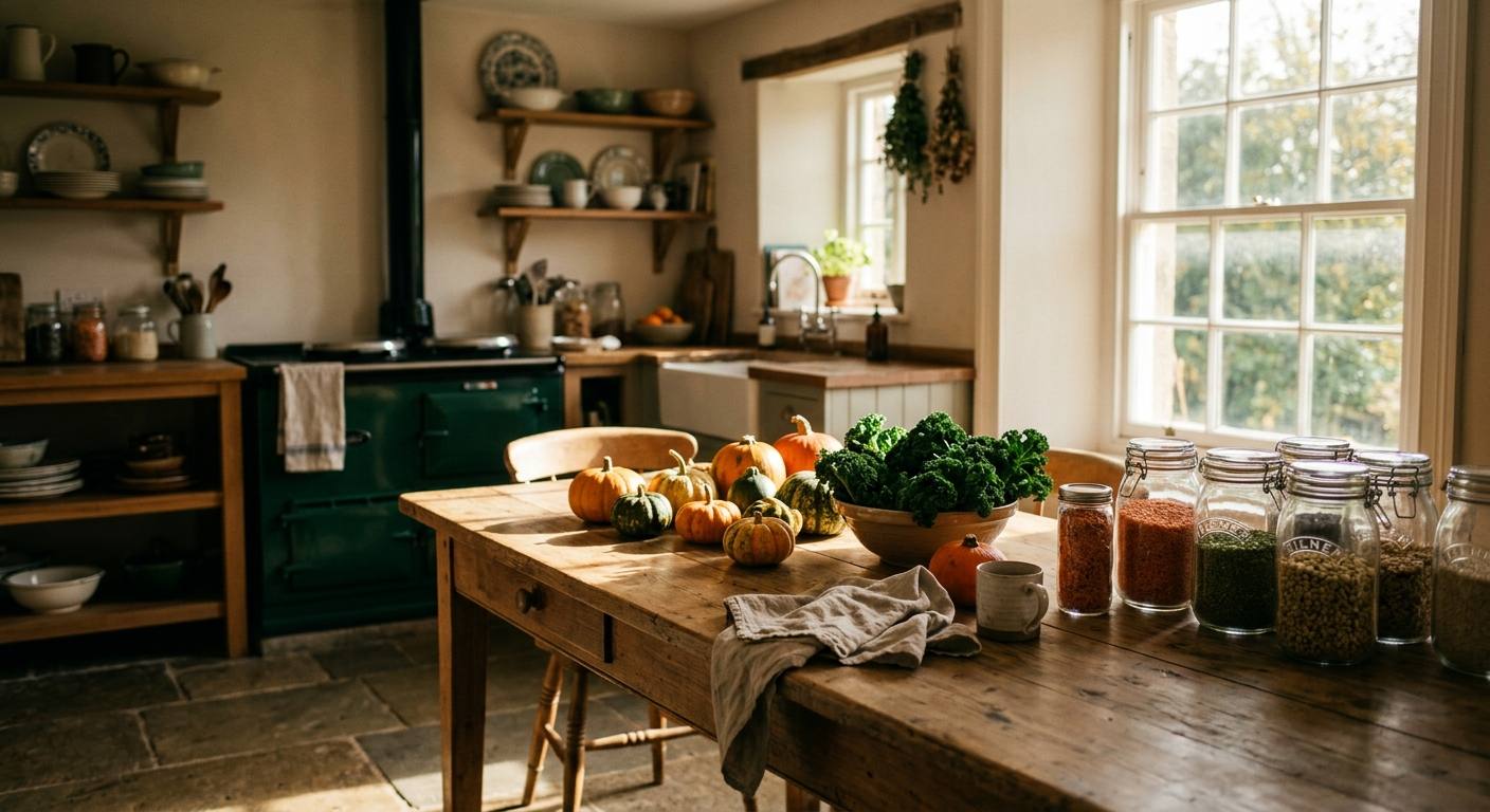 A rustic wooden table in a British kitchen filled with autumn vegetables like squash and kale for budget meal plans.
