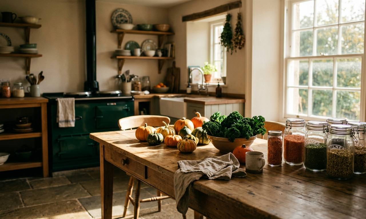 A rustic wooden table in a British kitchen filled with autumn vegetables like squash and kale for budget meal plans.