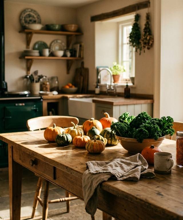 A rustic wooden table in a British kitchen filled with autumn vegetables like squash and kale for budget meal plans.