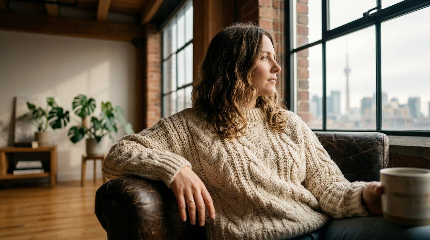 Woman wearing a sustainable cream-colored hemp knit sweater showcasing the ethical wool alternative trend in a Toronto loft.