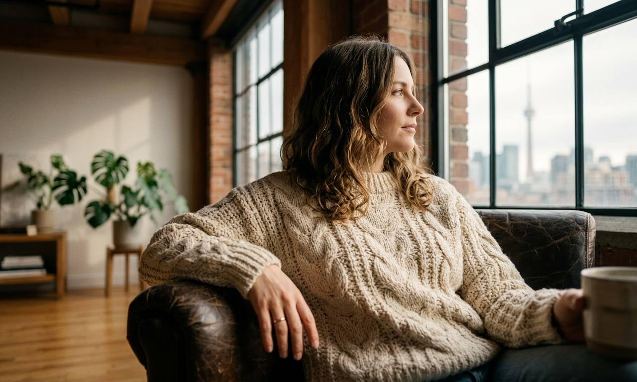 Woman wearing a sustainable cream-colored hemp knit sweater showcasing the ethical wool alternative trend in a Toronto loft.