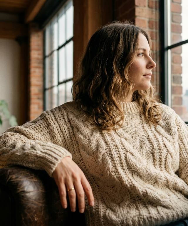 Woman wearing a sustainable cream-colored hemp knit sweater showcasing the ethical wool alternative trend in a Toronto loft.