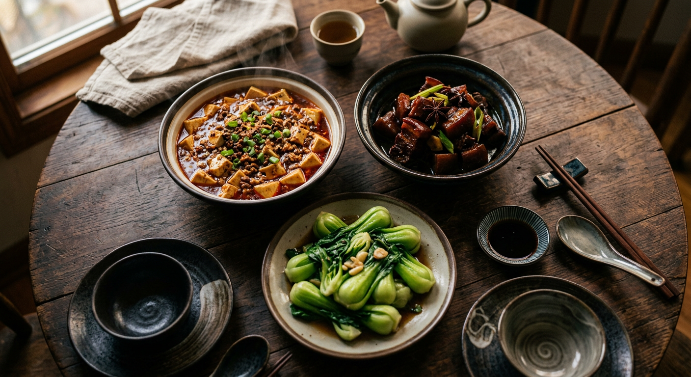 精致的中式素食家常菜餐桌，展示了纯素麻婆豆腐和植物基红烧肉，光影柔和，质感细腻。