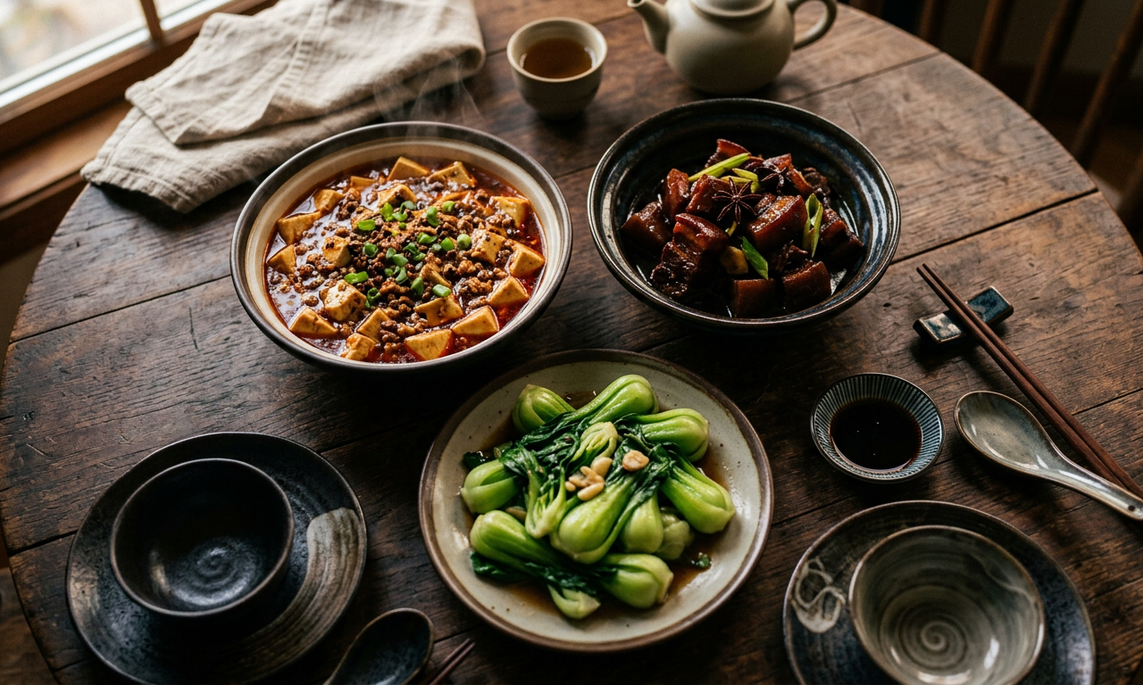 精致的中式素食家常菜餐桌,展示了纯素麻婆豆腐和植物基红烧肉,光影柔和,质感细腻。