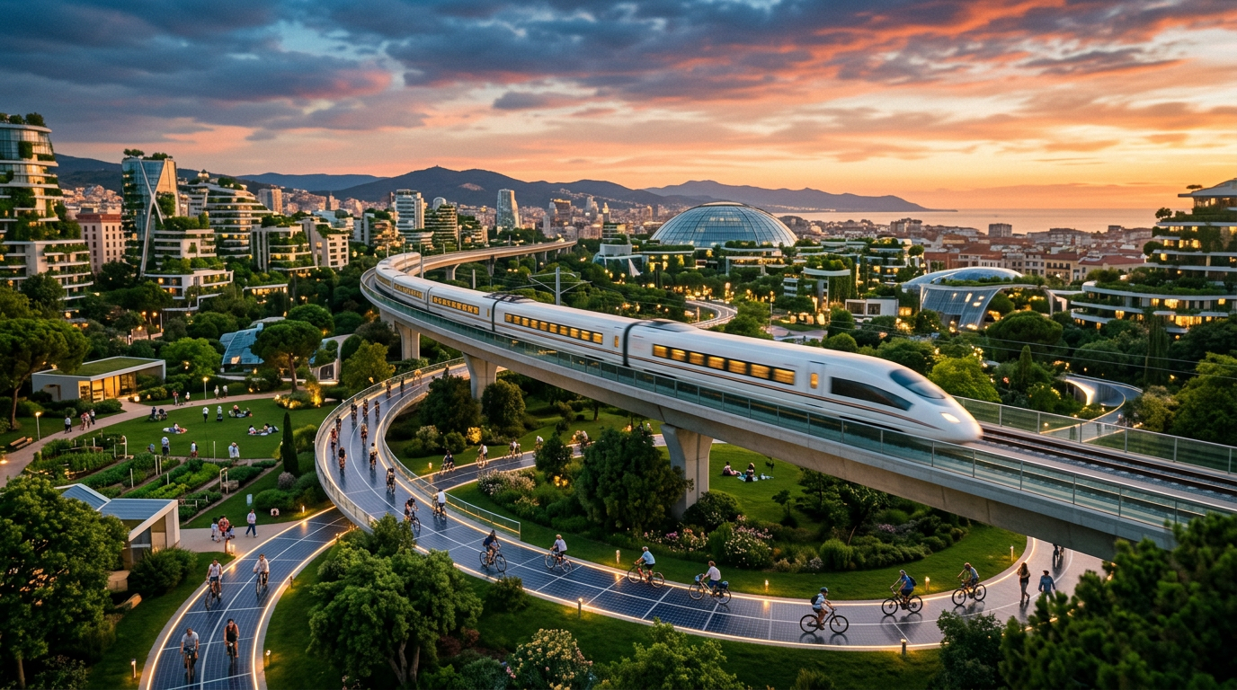 Ciudad española moderna con tren de alta velocidad y ciclistas en un entorno urbano verde y sostenible.
