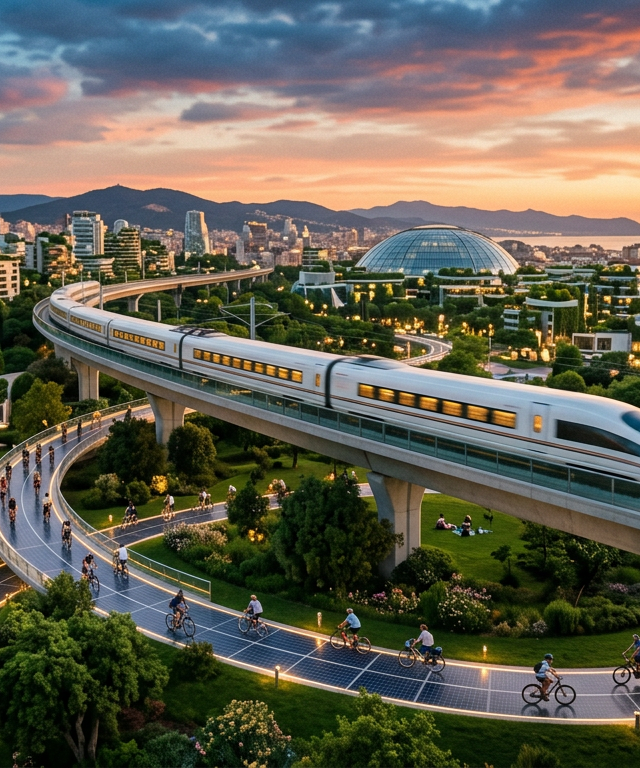 Ciudad española moderna con tren de alta velocidad y ciclistas en un entorno urbano verde y sostenible.