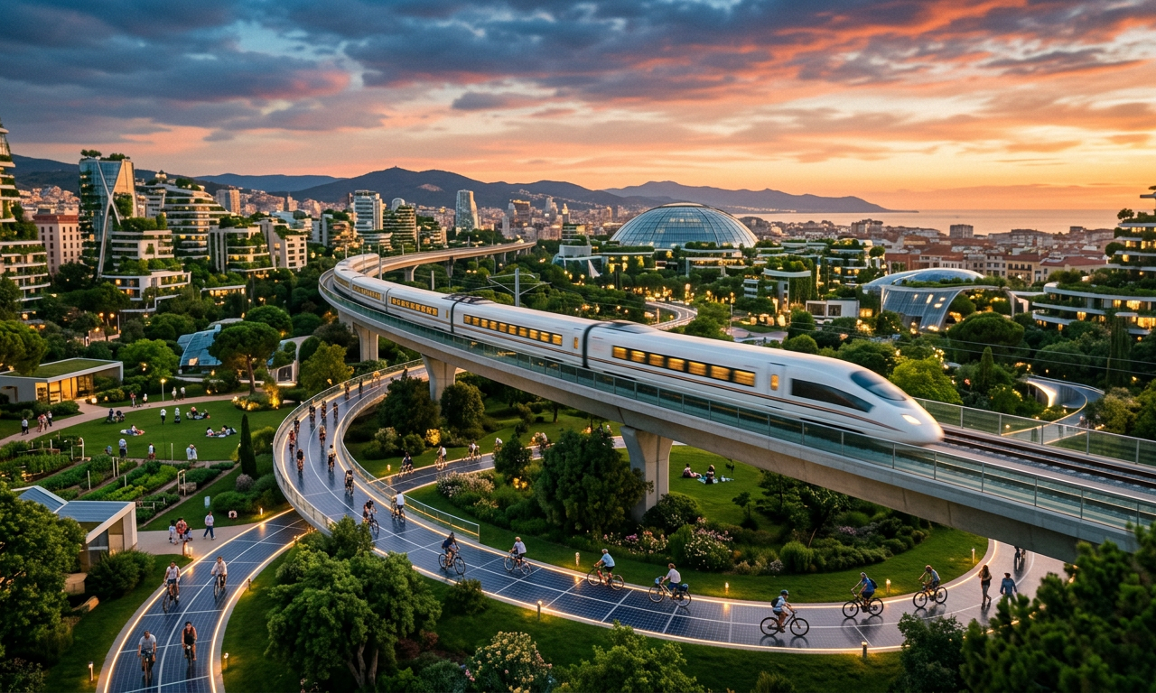 Ciudad española moderna con tren de alta velocidad y ciclistas en un entorno urbano verde y sostenible.