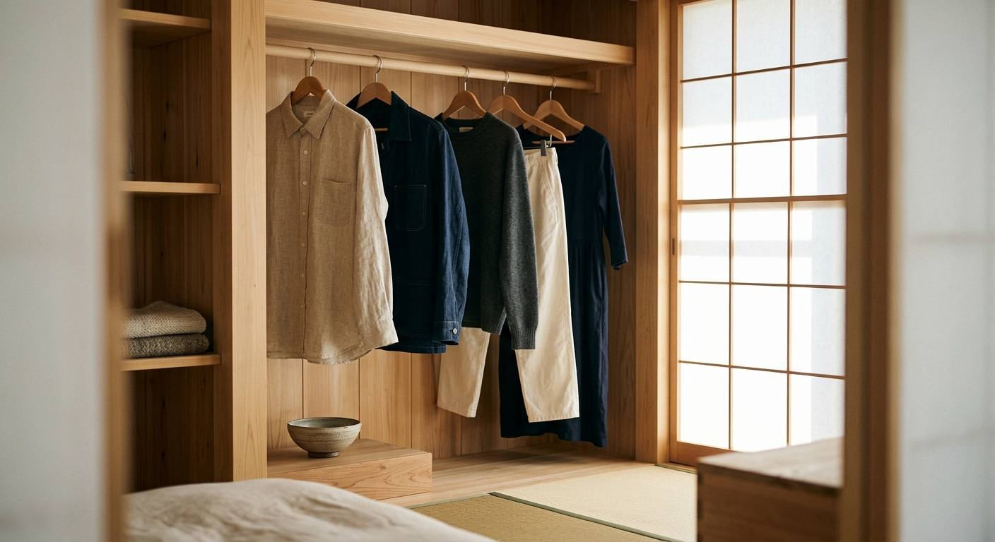 洗練されたミニマリストのクローゼットで、サステナブルな服選びを象徴する高品質なリネンやヘンプの衣服が美しく並んでいる様子。