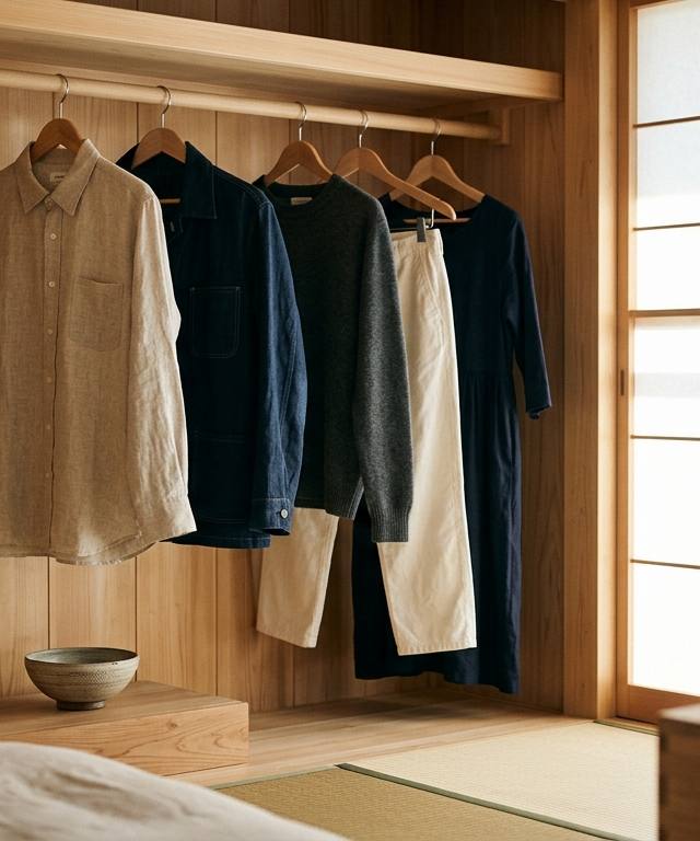 洗練されたミニマリストのクローゼットで、サステナブルな服選びを象徴する高品質なリネンやヘンプの衣服が美しく並んでいる様子。