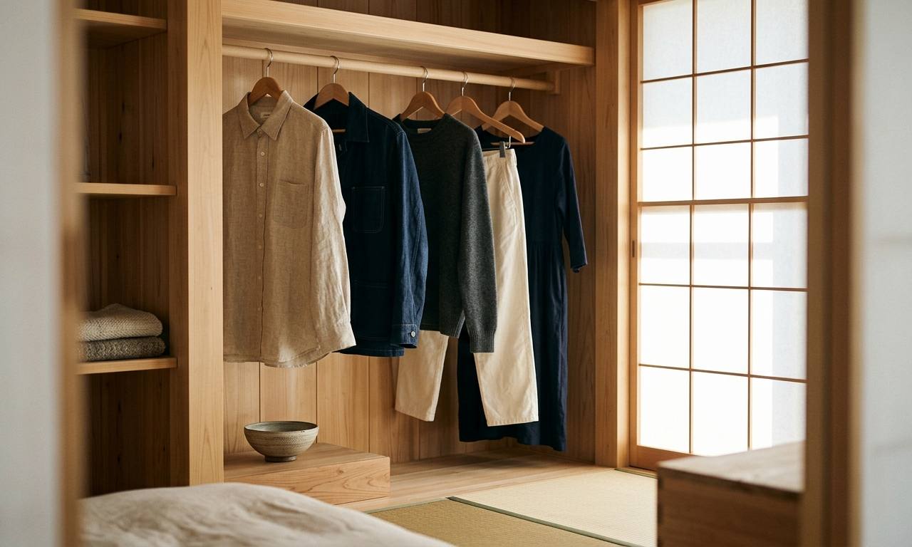 洗練されたミニマリストのクローゼットで、サステナブルな服選びを象徴する高品質なリネンやヘンプの衣服が美しく並んでいる様子。