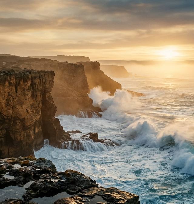 Costa portuguesa com falésias de calcário sofrendo erosão sob um céu dramático, ilustrando o relatório do IPCC sobre as alterações climáticas em Portugal.