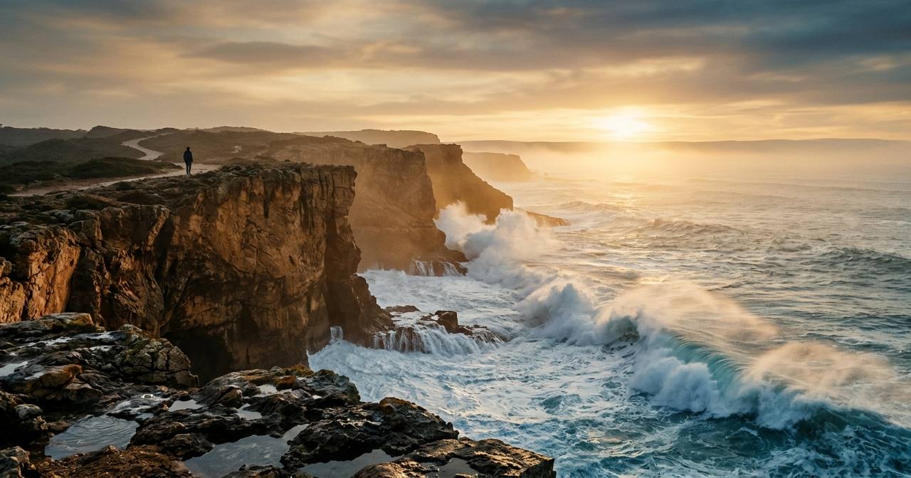 Costa portuguesa com falésias de calcário sofrendo erosão sob um céu dramático, ilustrando o relatório do IPCC sobre as alterações climáticas em Portugal.