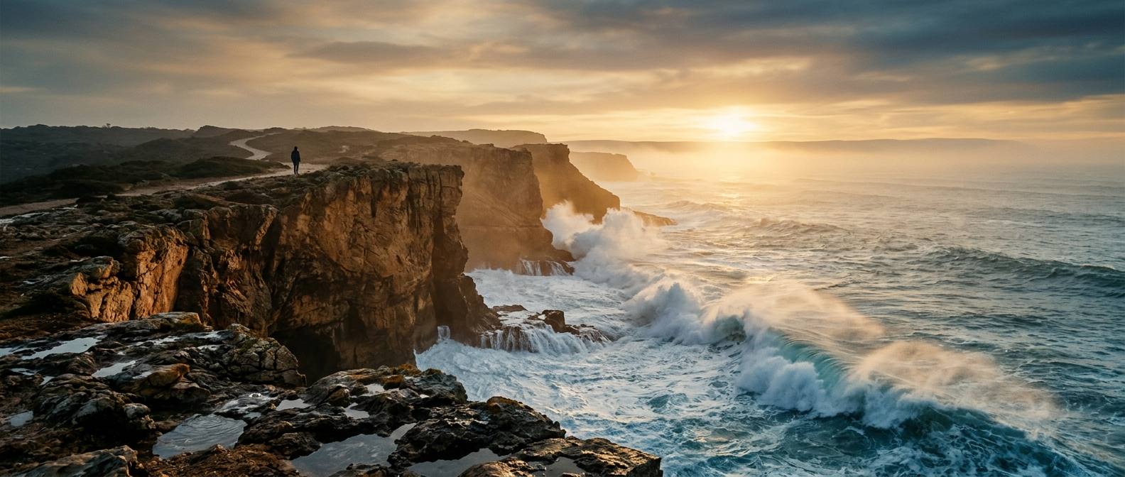 Costa portuguesa com falésias de calcário sofrendo erosão sob um céu dramático, ilustrando o relatório do IPCC sobre as alterações climáticas em Portugal.