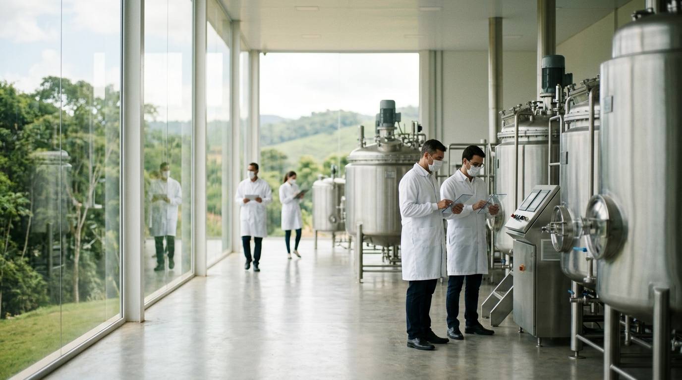 Eine moderne Produktionsstätte für nachhaltiges Laborfleisch mit Bioreaktoren und Pflanzen im Sonnenlicht.