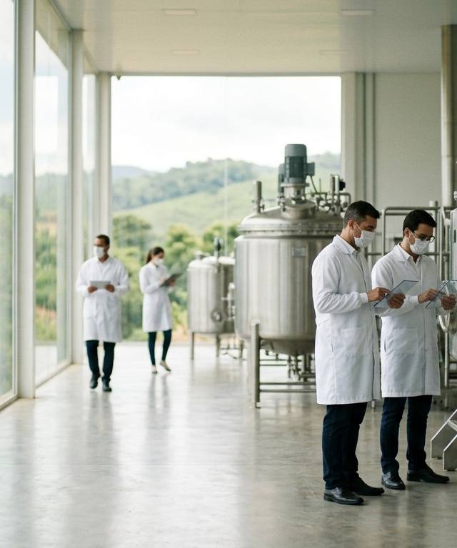 Laboratório moderno de agricultura celular com biorreatores de aço inoxidável para aprovações de carne cultivada no Brasil.