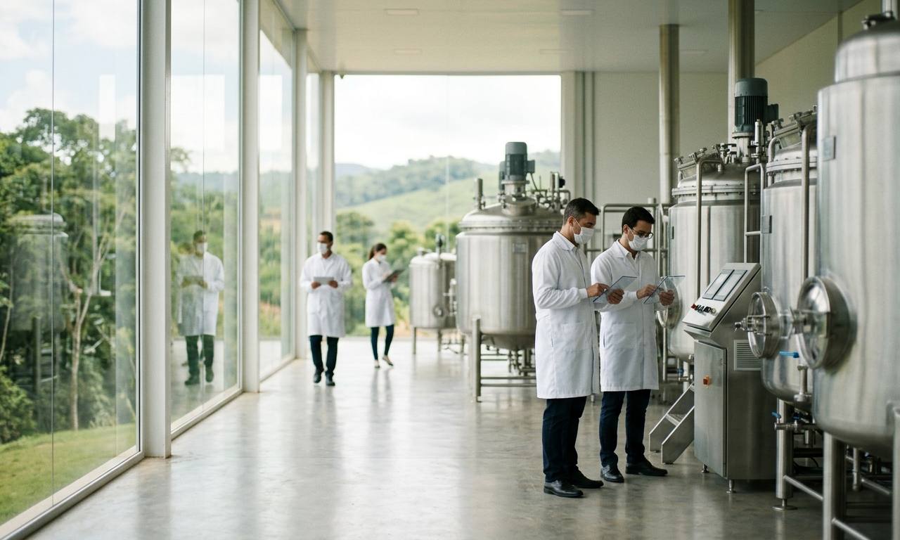Laboratório moderno de agricultura celular com biorreatores de aço inoxidável para aprovações de carne cultivada no Brasil.