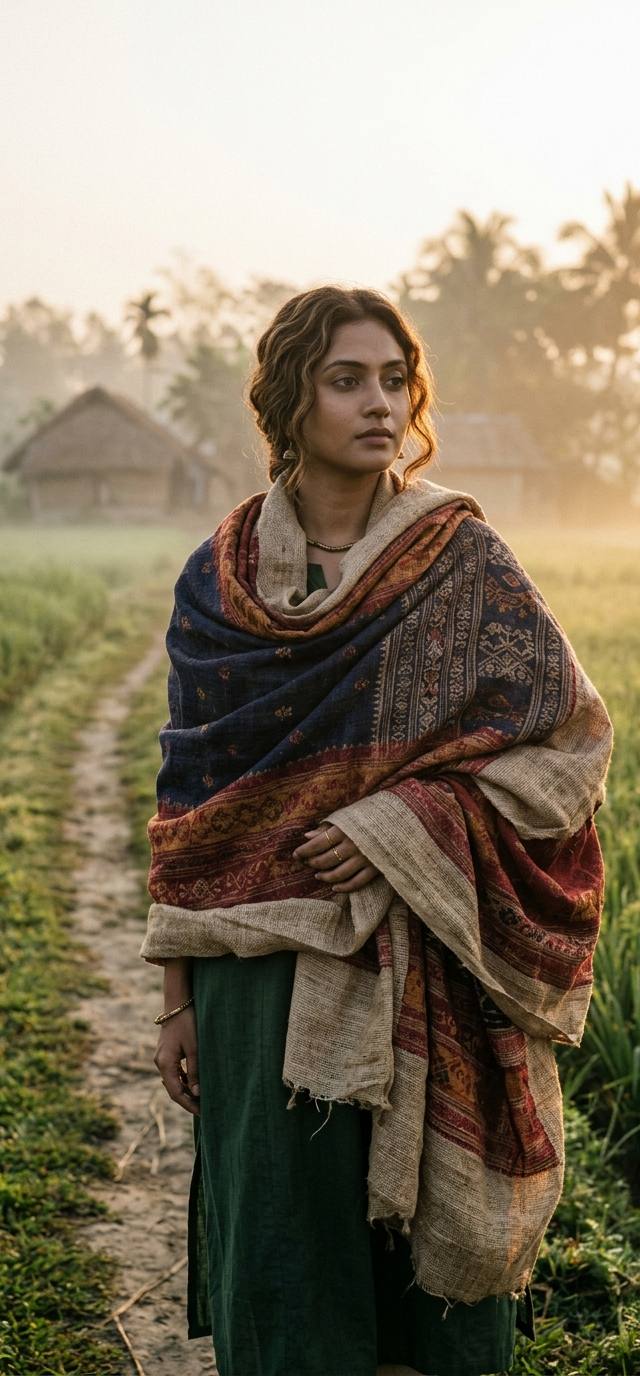 মৌসুমি ভোরের কুয়াশায় পাটের ব্লেন্ড এবং অর্গানিক কটন দিয়ে তৈরি টেকসই শীতকালীন পোশাক পরিহিত এক ব্যক্তি