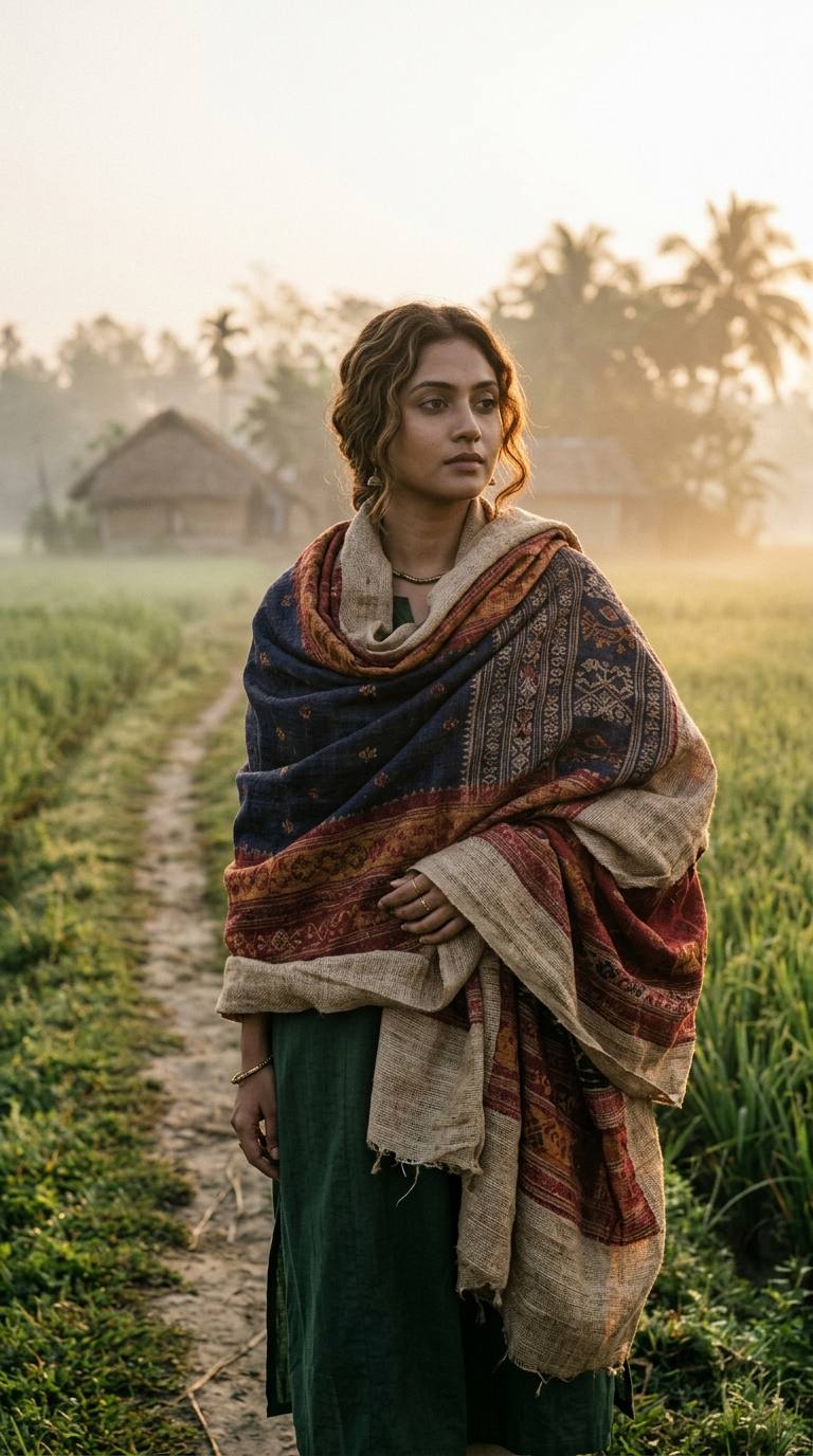 মৌসুমি ভোরের কুয়াশায় পাটের ব্লেন্ড এবং অর্গানিক কটন দিয়ে তৈরি টেকসই শীতকালীন পোশাক পরিহিত এক ব্যক্তি