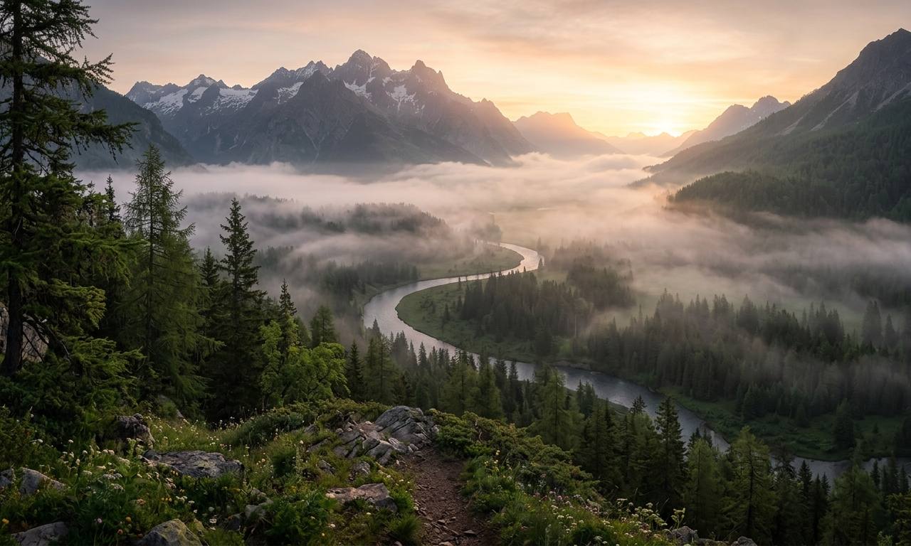 Ein wildes Alpental im Nebel bei Sonnenaufgang mit einem naturbelassenen Flusslauf zeigt erfolgreiches Rewilding in den Alpen.