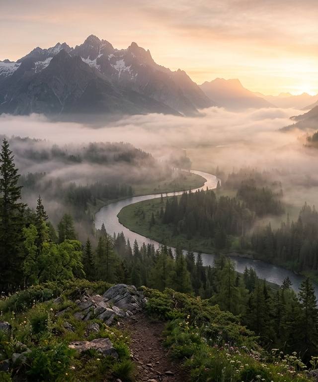 Ein wildes Alpental im Nebel bei Sonnenaufgang mit einem naturbelassenen Flusslauf zeigt erfolgreiches Rewilding in den Alpen.