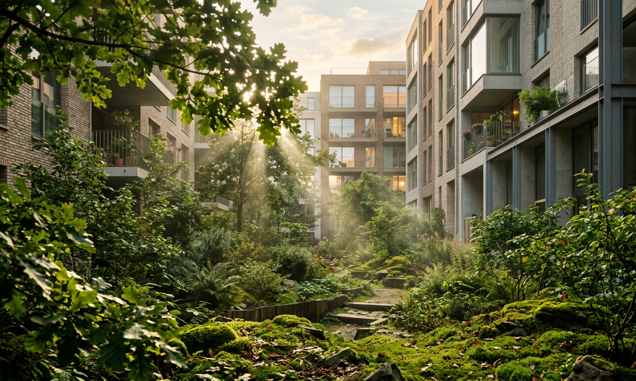 Une micro-forêt dense et verdoyante illustrant le rewilding urbain en Belgique entre des immeubles modernes.