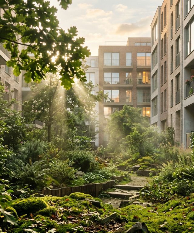Une micro-forêt dense et verdoyante illustrant le rewilding urbain en Belgique entre des immeubles modernes.
