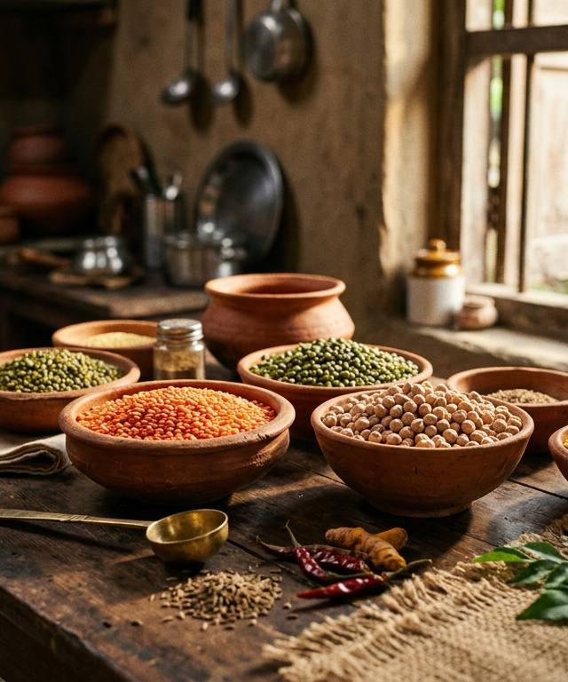 Frisches saisonales Gemüse und Hülsenfrüchte auf einem Holztisch für günstige vegane Mahlzeiten im August.